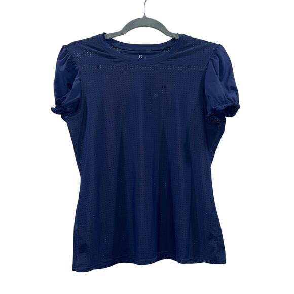 Goop G. Label Navy Perforated Puff Sleeve Activewear Top - Medium - Picture 1 of 8
